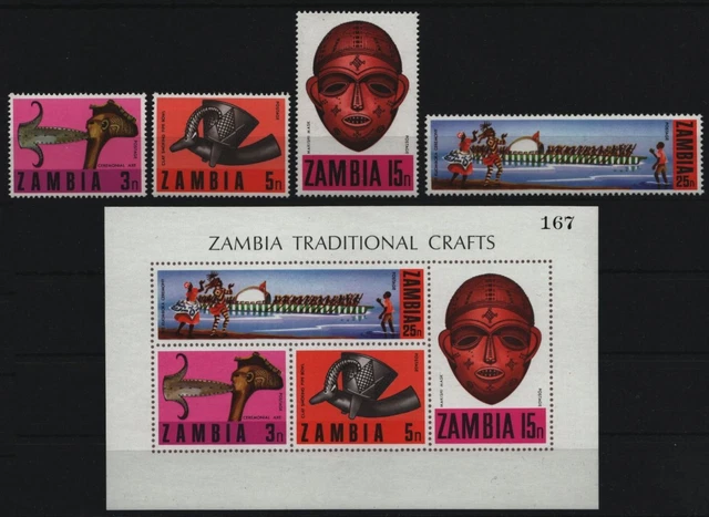 Sambia 1970 - Mi-Nr. 66-69 A & Block 1 ** - MNH - Volkskunst