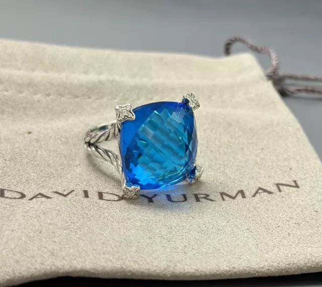 David Yurman 925 Silver Cushion On Point 20mm Blue Topaz Diamond Ring Size 7.5