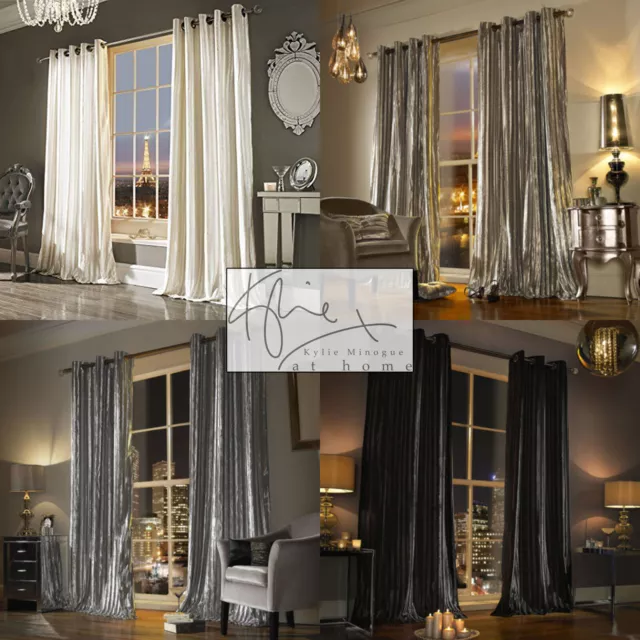 Kylie Minogue ILIANA Black Curtains Designer Eyelet Velvet / Velour Lined  Curtains