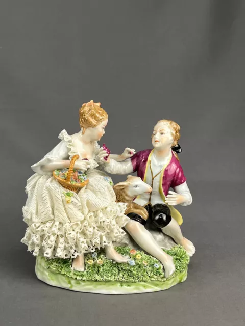 Vtg Unterweissbach German 6" Porcelain Figural Lace Group Courting Couple