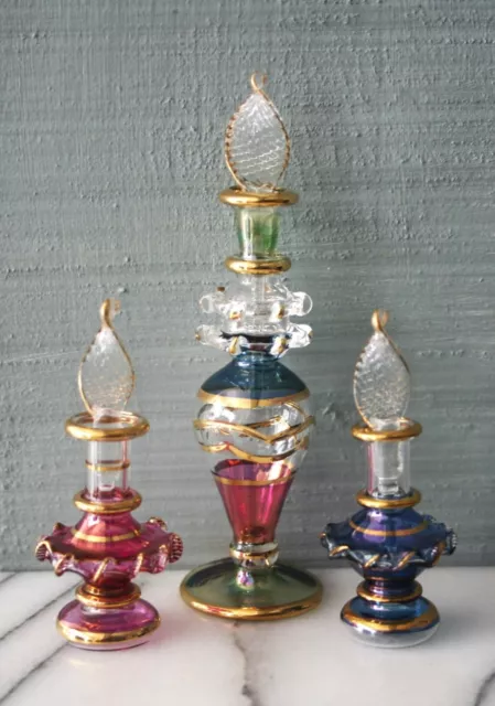 Egyptian Glass Set Of Three Perfume Bottles  Gold Decorated  Egyptian Glass