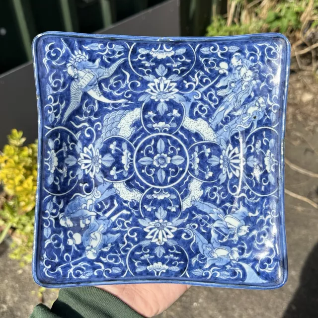 Fine Chinese Blue & White Square Dish Xuande Mark But Late Ming/Kangxi 17th C?