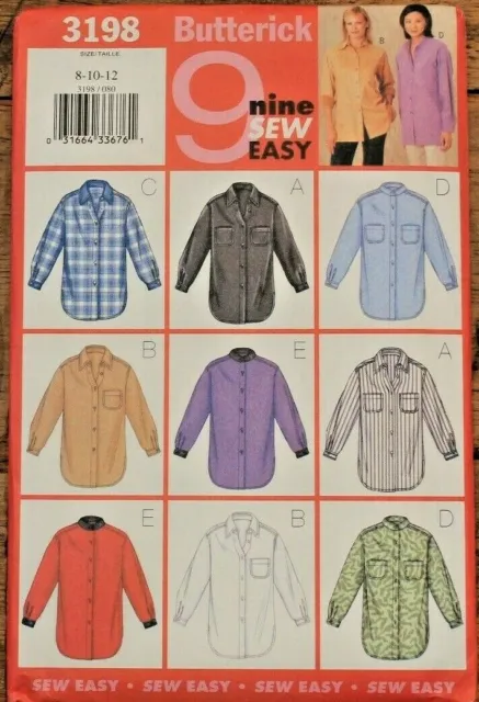 Butterick 3198 Misses Button Front Shirt Top in 9 Styles Sewing Pattern 8-10-12