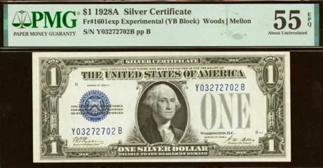 1928A $1 Silver Certificate PMG 55EPQ Experimental YB Block Fr 1601exp