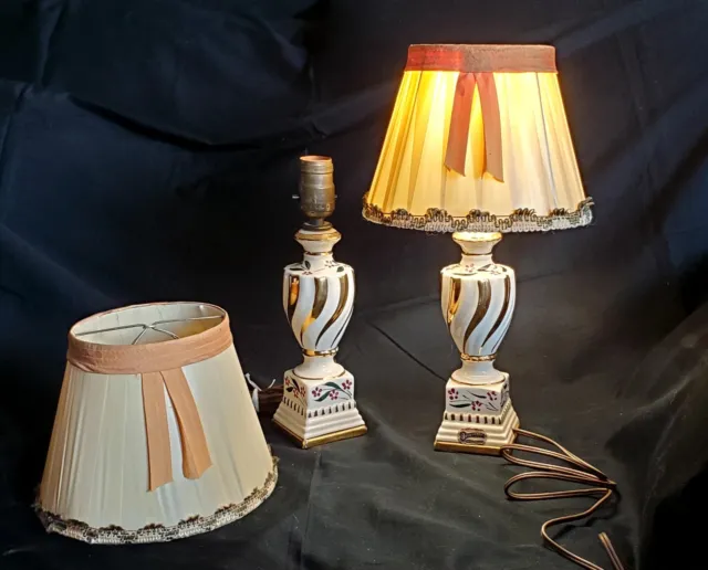 ANTIQUE!! Pair of 1940s Devereaux China Porcelain, Hand-painted Lamps (w/shades)