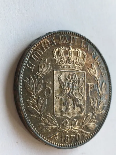 Belgien 1870 Leopold II, König von Belgien 5 Franken, Toperhaltung !!! spiegelnd