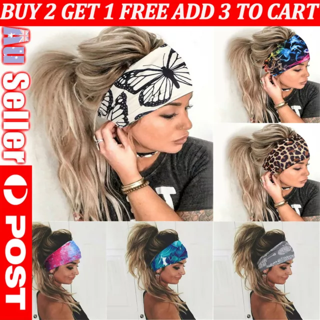 Women Elastic Yoga Bandana Headband Hair Band Wide Turban Sports Head Wrap AU