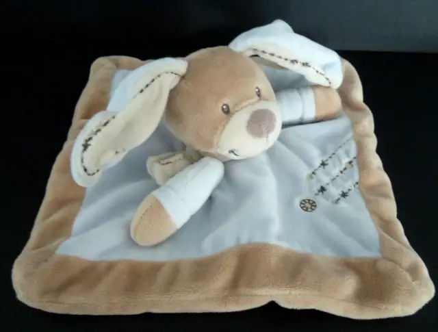 *. Doudou Plat Nicotoy Lapin Beige Bleu Marron Clair Echarpe Croix  Etat Neuf*