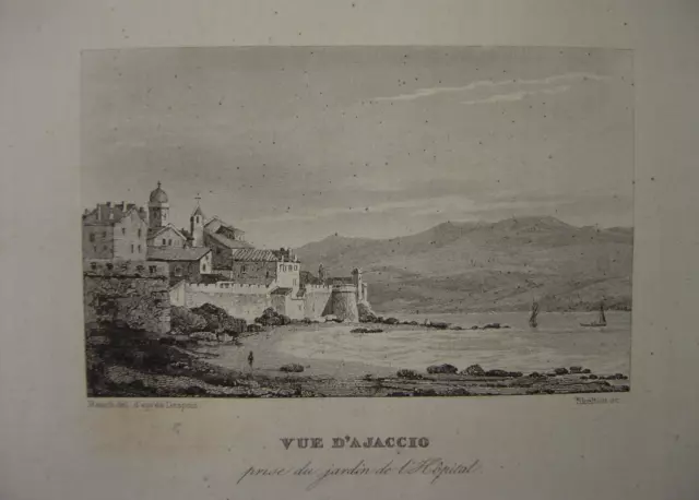 Gravure Vue d' AJACCIO prise du Jardin de l'Hôpital vers 1840 Département Corse