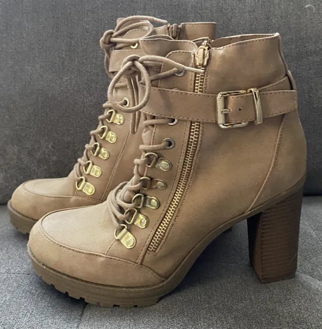 G BY GUESS Grazzy Women's Size 8.5M Tan Ankle Boots Zip with GOLD Accents