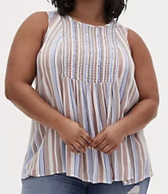 TORRID 00 Crinkle Gauze Smocked Tank Blue Taupe Striped (Fits Like US 10/12 M)