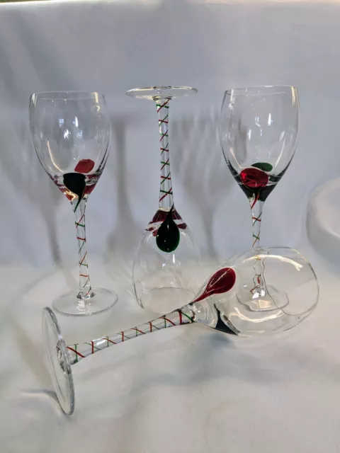 4 -Pier 1 Verres A' Vin Red Green Teardrop Stripped Stem Holiday Wine Glasses