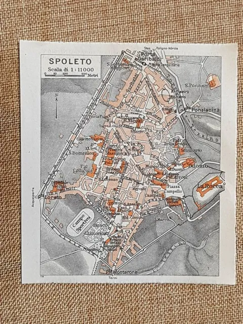 Carta geografica, pianta o piantina del 1939 La città di Spoleto Umbria T.C.I.