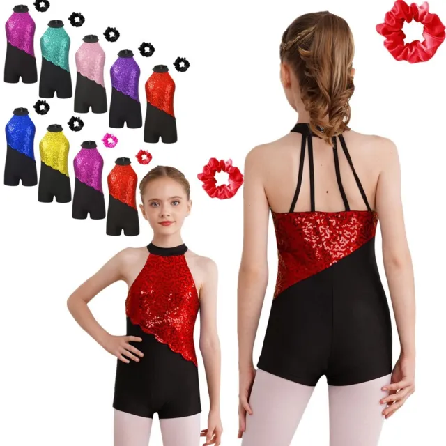 Kids Girls Dance Outfits Shiny Jumpsuit With Hair Tie Headwear Gymnastics