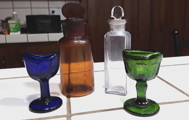 Antique MEDICINE APOTHECARY BOTTLE EYE WASH LOT Cobalt Blue Amber 1916 Green Antique MEDICINE APOTHECARY BOTTLE EYE WASH LOT Cobalt Blue Amber 1916 Green