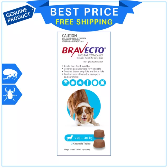 BRAVECTO 2 chews for Dogs 20 to 40 Kg BLUE Tick Flea treatment for 3 months