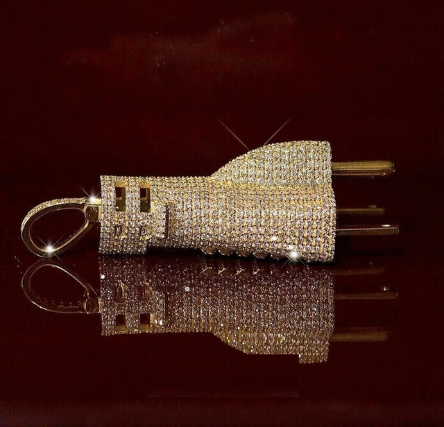 3Ct Round Cut Moissanite Men's Power Plug Pendant 14K Yellow Gold Plated Silver