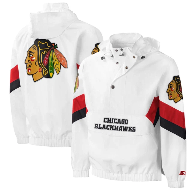 Men's Starter White Chicago Blackhawks Enforcer Half-Zip Windbreaker Hoodie