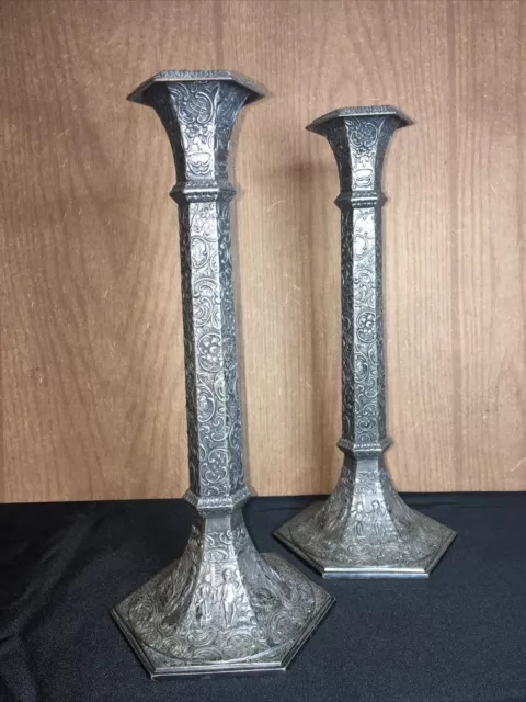 Gorgeous Vintage Ornate 12" Stamped DERBY S P Co Silverplate Candlesticks #2546