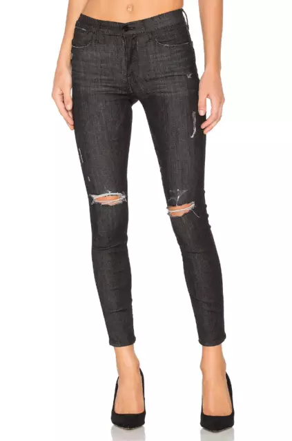 FRAME Denim Le High Skinny Stretch Destroyed Ripped Knee Jeans Knox Black, Sz 28