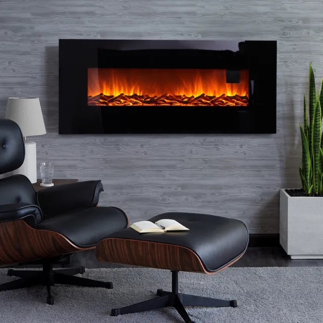 Modern 50 inch Wall Mounted Electric Fire Black Flat Glass with Remote Control 3