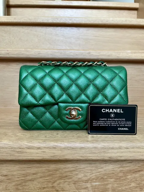 Chanel Classic Mini Square, 18S Emerald Green Cavwith Gold Hardware,  Preowned in Box WA001