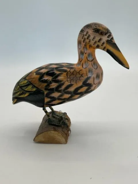 Vintage Hand Painted Hand Carved Wood Mallard Hen Duck Standing on Log Folk Art