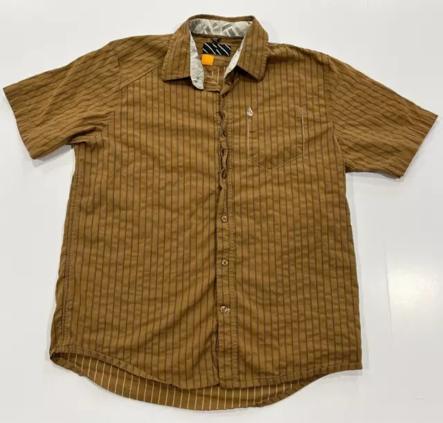 Men's Volcom Short Sleeve Brown Striped Button Up Shirt - Size L - #29745