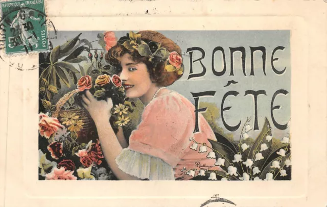 Cartolina Donna A Cestino Da Fiore, Mughetto - Art Nouveau (Reutlinger)