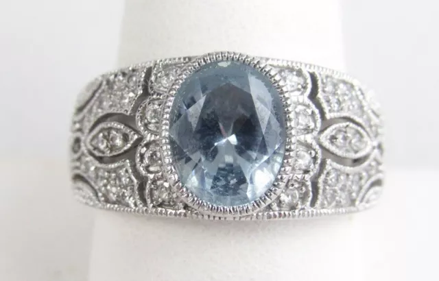 Joseph Esposito ESPO Sterling Fancy Filigree Oval Blue Topaz CZ Size 10 Ring