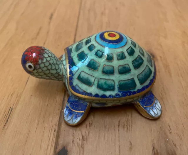 Vintage Asian Chinese Cloisonné Enamel Turtle Figurine Figure Trinket Box