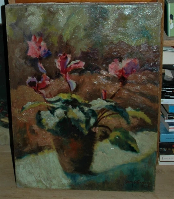 Huile sur toile signée VEERMON Jack  XXème/ 45 x 60 cm/ Les cyclamens