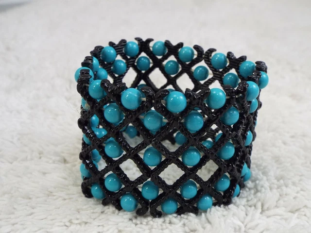 Black Enamel Blue Bead Stretch Bracelet (D65)