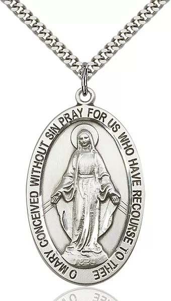 Men's Sterling Silver Our Lady Grace Miraculous Virgin Mary Medal Necklace