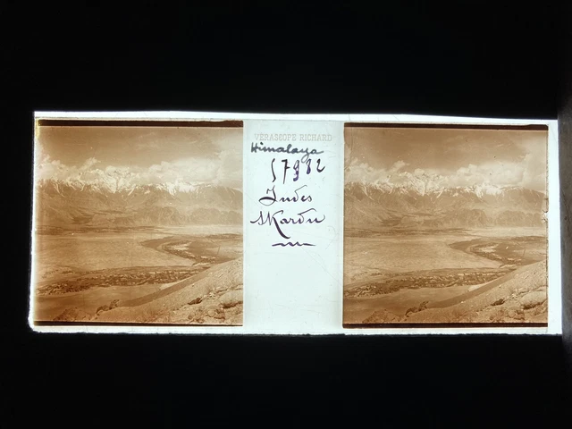 HIMALAYA VILLAGE PLAQUE VERRE 45x107 VUE STEREOSCOPIQUE VERASCOPE RICHARD