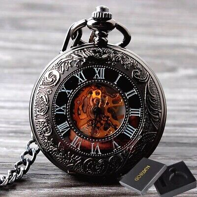 Retro Hand Wind Mechanical Pocket Watch With Fob Chain Mens Hollow Skeleton Dial