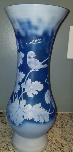 Stunning 15" Galle Inspired Acid Etched Signed Cameo Art Nouveau Glass Vase Blue