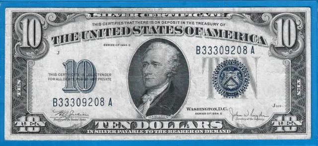 1934 C $10 Silver Certificate Note,Blue Seal,Circ VF,Nice!