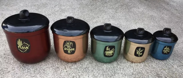 Vintage Raco Rex Anodised Aluminium Set Of 5 Multicoloured Canisters