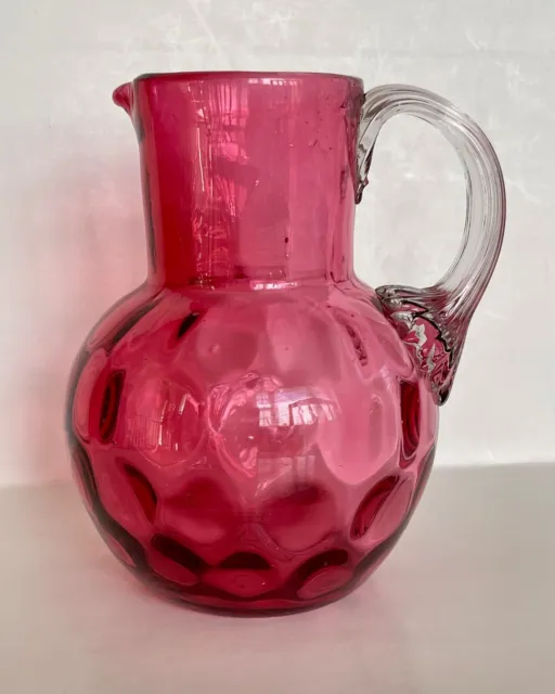 Cranberry Glass Pitcher ~ Inverted Thumbprint Reeded Clear Handle & Pontil Mark