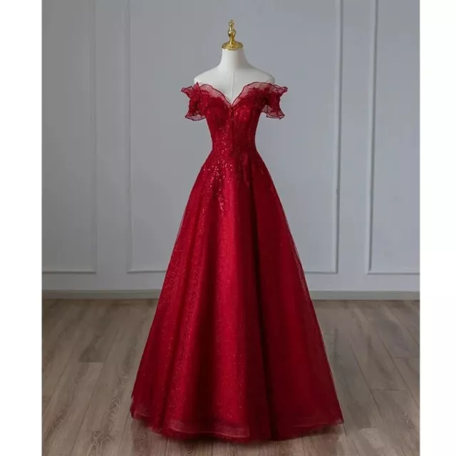 Red Evening Dresses Boat Neck Sequins Floor-Length Off The Shoulder A-Line Gowns