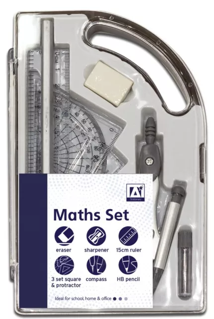 9 Piece Maths Geometry Set Back To School Exam Stationery Compass Protractor CMA