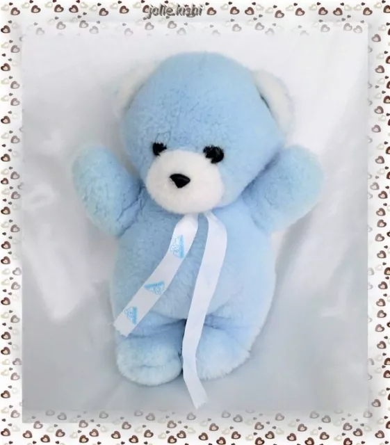Doudou Peluche Ours Bleu Et Blanc Grelot Nounours 28 cm