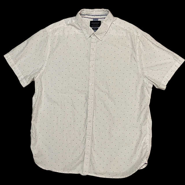 Denim & Flower Slim Fit Button Up White Short Sleeve Blue Polka Dot Cotton XL