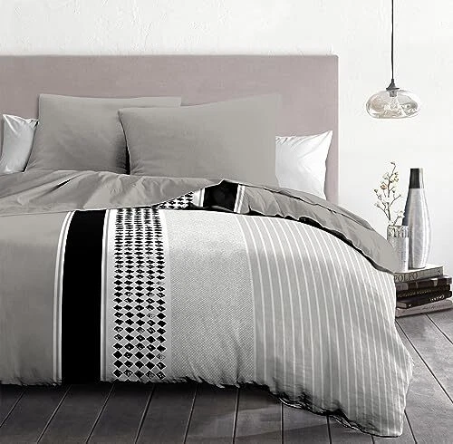 Parure De Couette 100% Coton 220x240 Cm + 2 Taies - Dream In Paris Bleu - Qualité 57 Fils/cm²