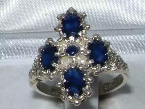 Victorian Design Solid English 925 Sterling Silver Natural Sapphire Ring