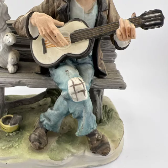 LEFTON Figurine Man Playing Guitar Dog On Bench Begging 7.25" tall 3