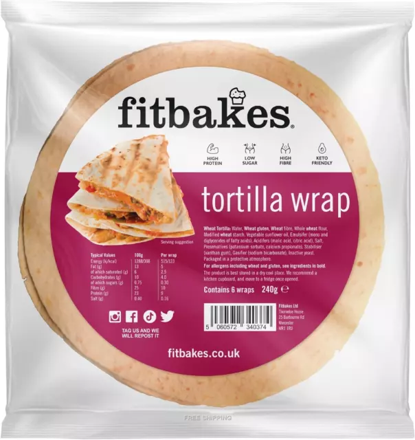 Fitbakes Low Carb Tortilla Wraps, 6x40g Full Size Keto Wraps, Low Net Carb, Low