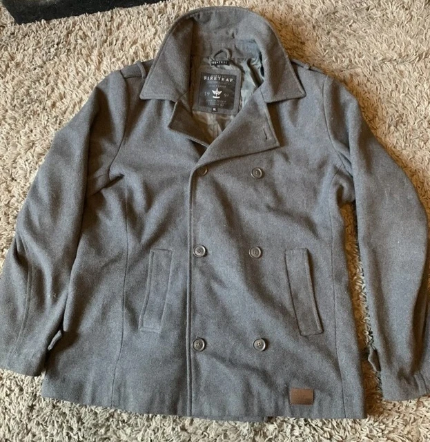 FIRETRAP WOOL PEACOAT Mens Large Black Military Jacket Coat