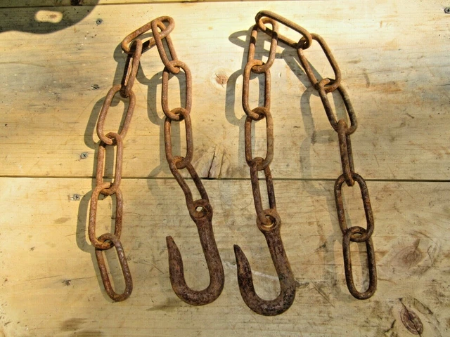 2 Matching Antique Hand Wrought / Forged 28" Chain & Hook